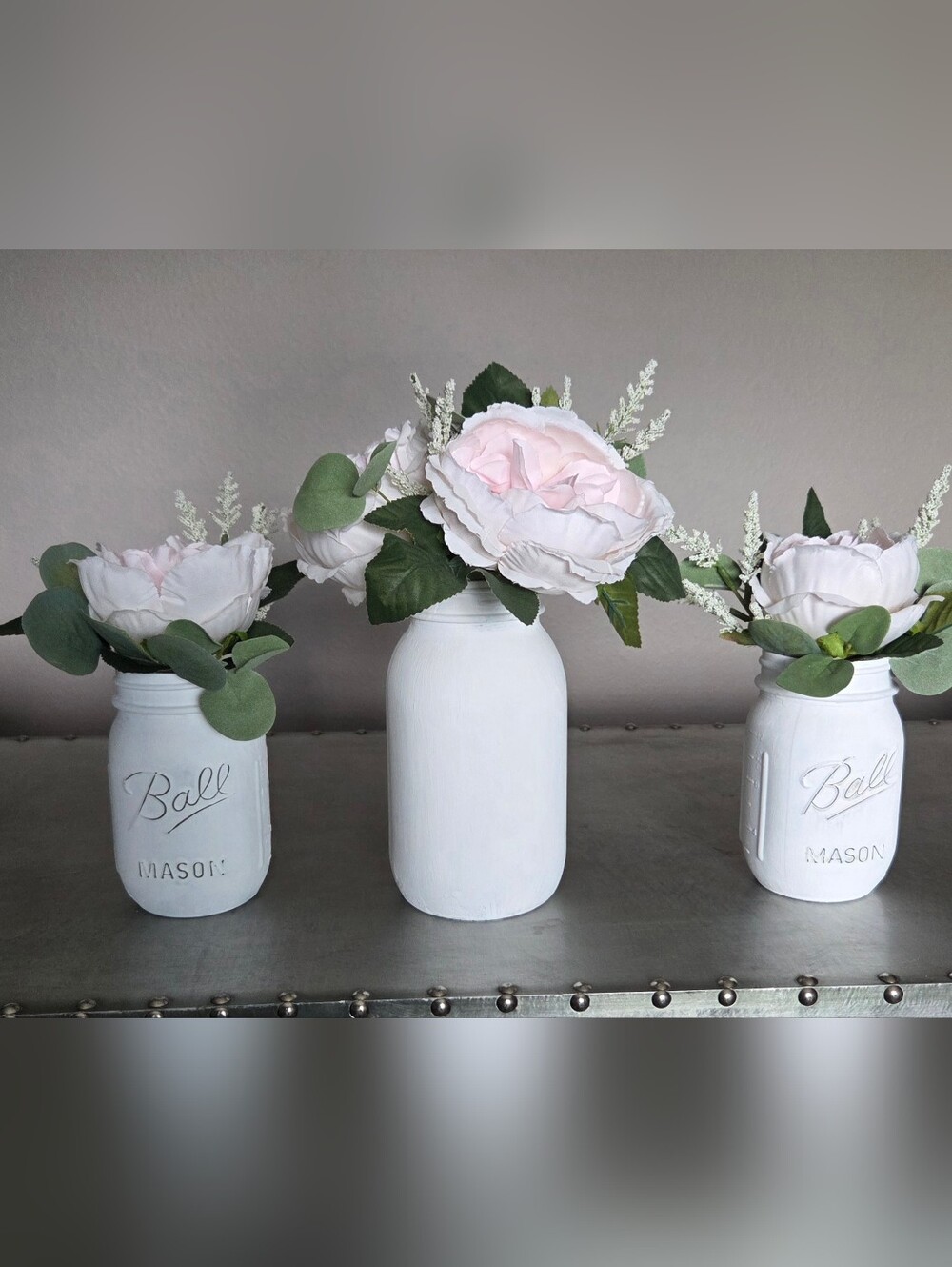 Set of 3 White Chalk Painted Mason Jars w/Pink & White Fake Flowers